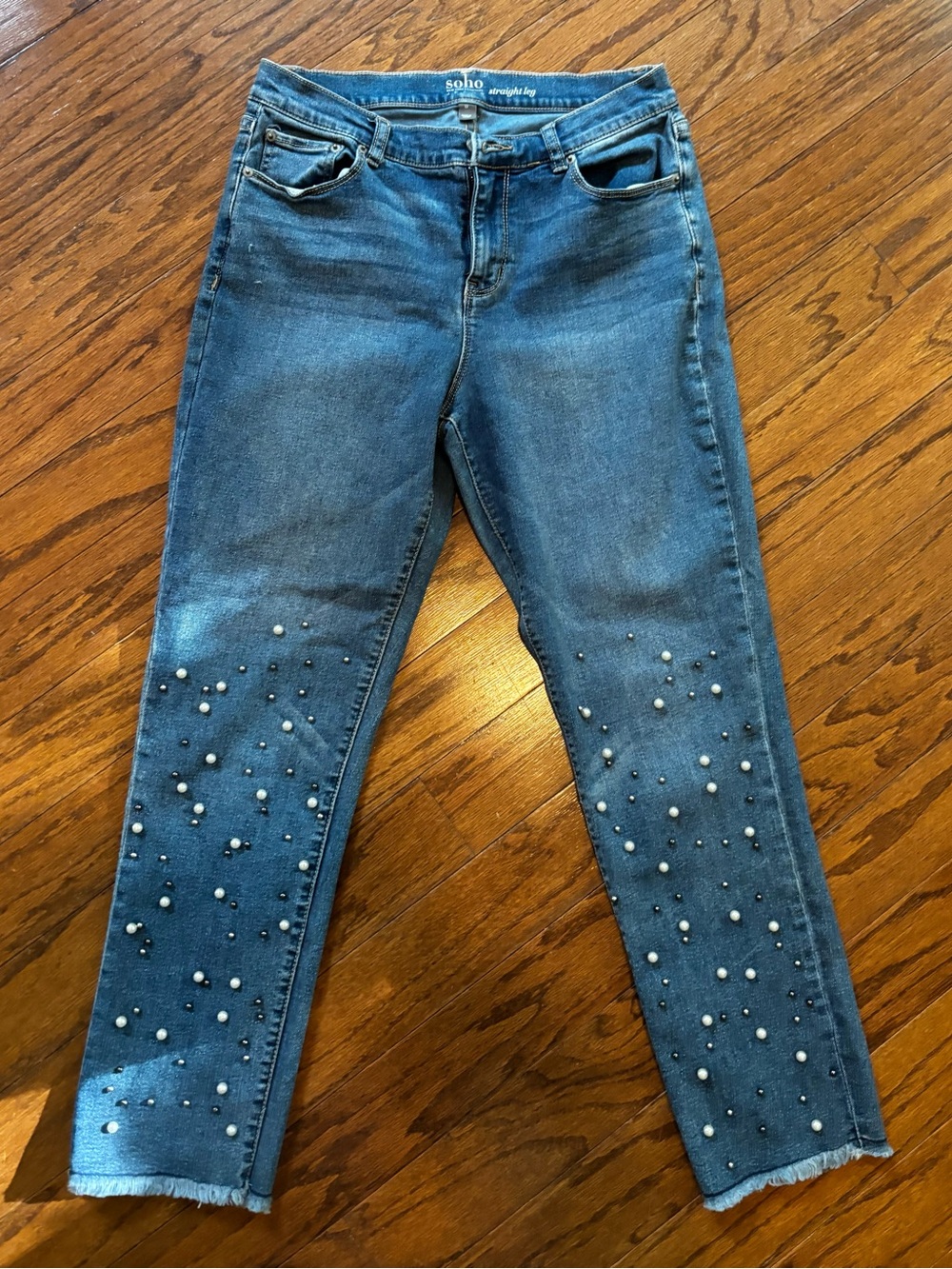 NY&Co Soho Straight Leg Jeans Size 10 Pearl Embellished Raw Hem